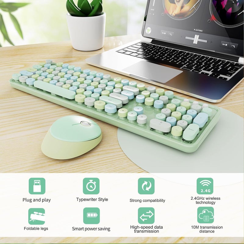 SkyGive Wireless Keyboard and Mouse Combo, Ergonomic Full Size Typewriter Retro Round Keycaps Keyboard, Compatible with Windows, PC, Perfer for Home and Office Keyboards (Green - Image 3
